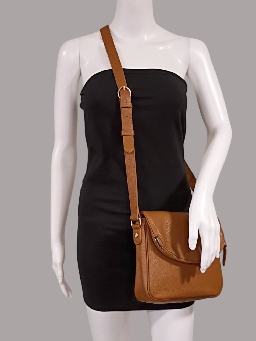 Quince Adjustable Strap Tan Pebbled Leather Crossbody Bag